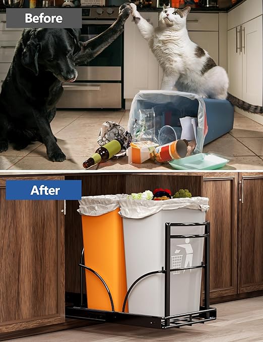 ANASTA Dual Pull Out Trash Can Under Cabinet Rack-No Can Included, Under Sink Trash Can Pull Out Fits Double 7-9 Gal/35 Qt*2 Commercial Trash Bin, Cabinet Garbage Can Required ≥16''Wx 17''Hx 22" D