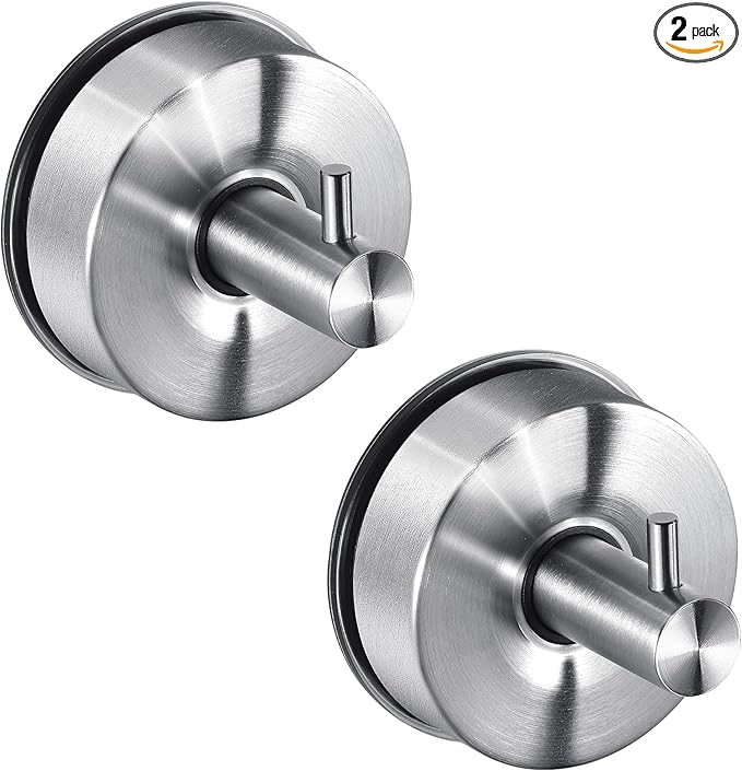 JOMOLA Brushed Stainless Steel Shower & Bathroom Hooks - No Drill Adhesive-Free Suction Cup Hardware, Rustproof Waterproof Metal Wall Mount for Towel Robe, Damage-Free (2-Pack)