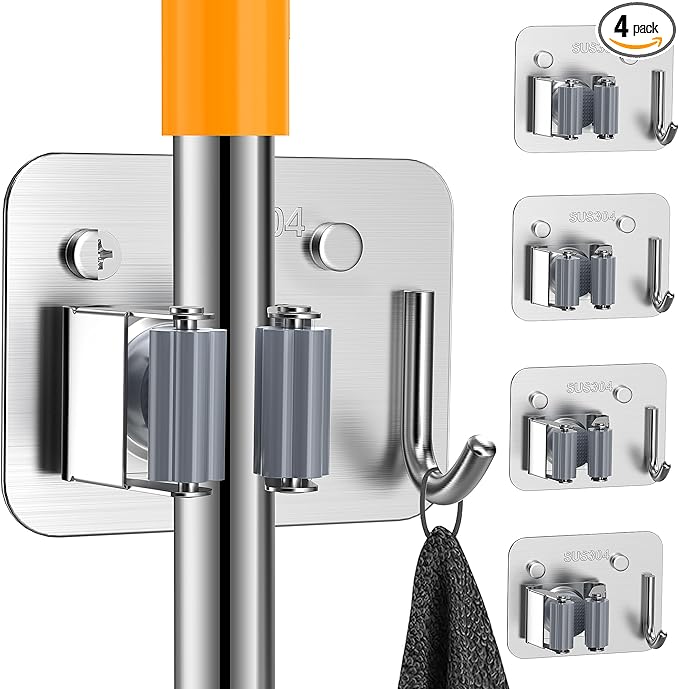 4 Pack Stainless Steel Mop and Broom Holder Wall Mount with Hook, Screw Drilling Mop and Broom Hanger, Single Heavy Duty Storage Rack for Laundry Garage Closet Garden Tool Organizer, Silver