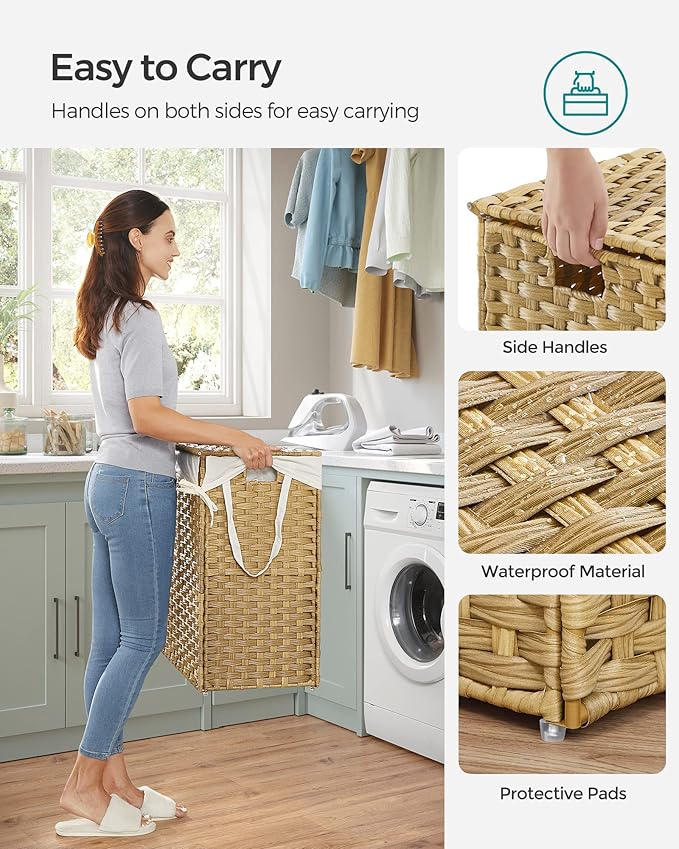 SONGMICS Laundry Hamper with Lid, 90L Clothes Hamper with 2 Removable Liner Bags, 6 Mesh Bags, Wicker Laundry Basket, Double Laundry Hamper for Bathroom, 13 x 18.1 x 23.6 Inches, Natural ULCB251N01V1