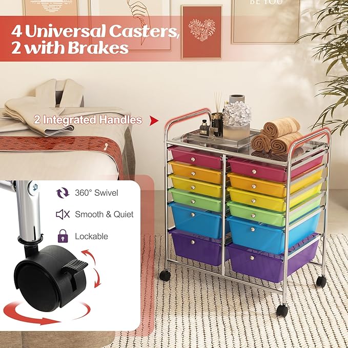 GOFLAME 12-Drawer Rolling Storage Cart, Multipurpose Organizer Cart with 2 Sizes Plastic Drawers, Mobile Utility Cart with Lockable Casters for School, Home Office, Beauty Salon, Rainbow