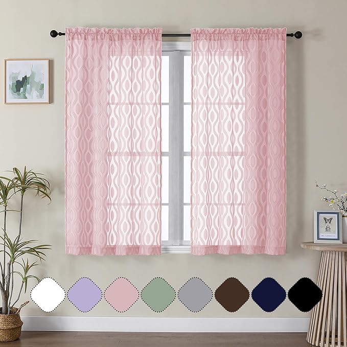 Aiyufeng Pink Sheer Curtains 2 Panels 54 Inch Length, Soft Lightweight Clip Jacquard Textured Blush Curtains for Bedroom Living Room, Modern Wavy Line Solid Voile Sheer Drapes, 40" Wx54 L Inches