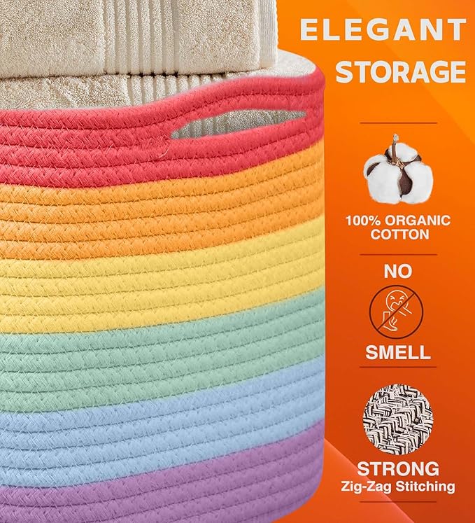 CHAT BLANC Rainbow Cotton Rope Baskets for Organizing | Storage Baskets for Shelves | Rainbow Rope Basket for Storage, Small Laundry Baskets, Woven Baskets for Storage, Dog Toy Bin, Baby Basket, 3Pack