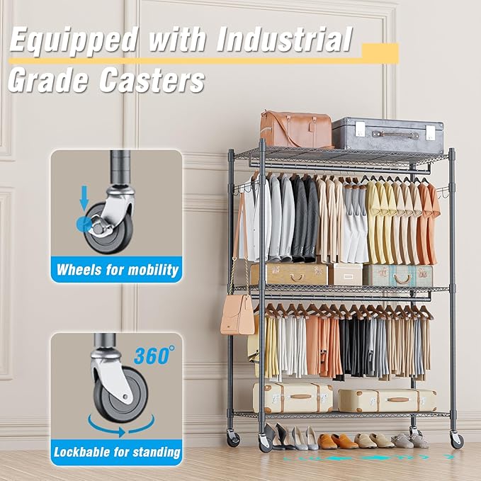 Homdox Heavy Duty Rolling Clothing Rack, Adjustable Garment Rack with 3 Tier Storage Shelves, Freestanding Closet Wardrobe for Hanging Clothes with Side Hooks, Gray