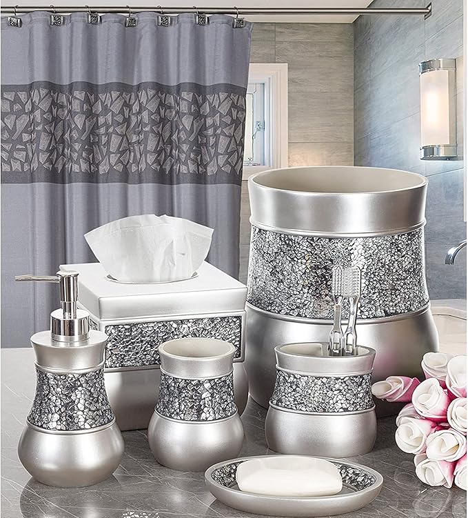 Crackled Glass Toilet Brush with Holder - Silver Toilet Bowl Cleaner Brush and Holder - Good Grip, Deep Cleaning, Decorative Design Compact Toilet Bowl Scrubber