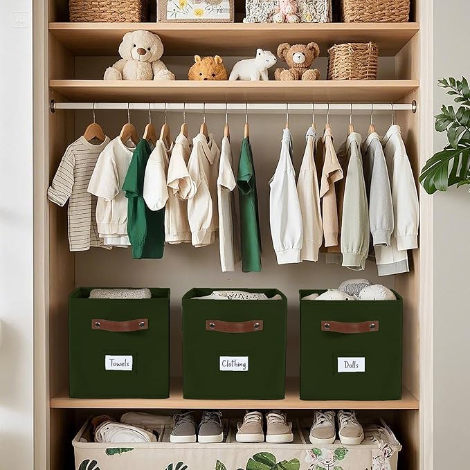 DECOMOMO Storage Bins, Cube Storage Bin with Labels, Fabric Storage Cubes for Shelves (10.5" x 11" / 6pcs, Olive Green)