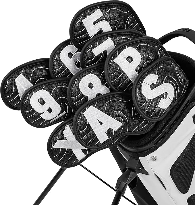 Big Teeth Golf Club Covers Full Set Driver Headcover Fairway Wood Hybrid Golf Club Iron Head Covers, Topographic Edition Putter Cover Leather Golf Head Covers Pure Black, Gifts for Men
