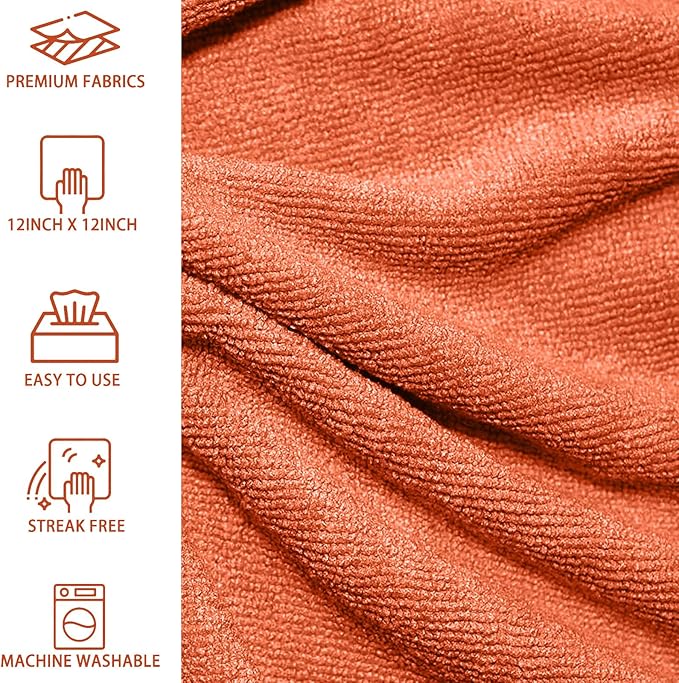 MRD's Home 20Pack Microfiber Cleaning Cloth in Bag,Multi-Purpose Reusable Cleaning Wipes Rags,Lint Free,Scratch & Streak-Free Cloth for Car,Small Microfiber Towels for House Wash,12" x 12"（Orange）