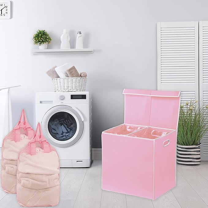 Simple Houseware Double Laundry Hamper with Lid and Removable Bags, Pink