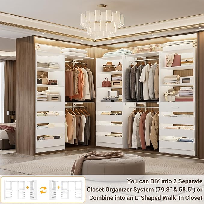 Aheaplus Closet System Set of 3, 138.5" Wood Closet Organizer System Tower with 12 Drawers & 4 Hanging Rods, 6.7+4.85Ft L Shaped Walk-in Closets Wardrobe Organizer Garment Rack with Shelves, White