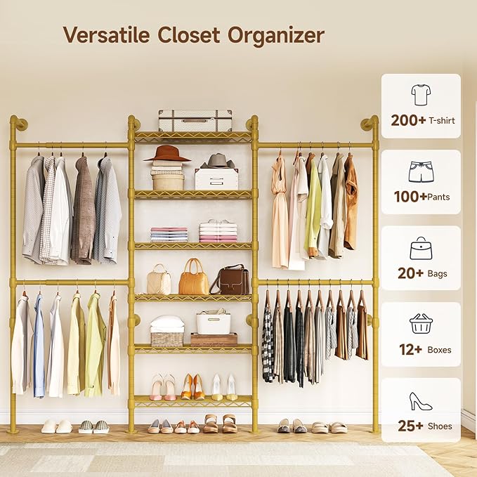ONBRILL H3 Wall Mounted Closet System, Expandable Industrial Pipe Clothes Rack Clothing Rack for Hanging Clothes, Heavy Duty Closet Organizers and Storage in Wardrobe Closet, Gold