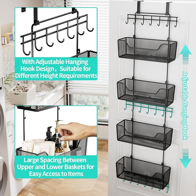 HapiRm Over The Door Organizer - Hanging Door Organizer with 4 Metal Large Capacity Baskets and Adjustable Coat Hook for Bathroom Bedroom Kitchen Pantry Closet Cabinet