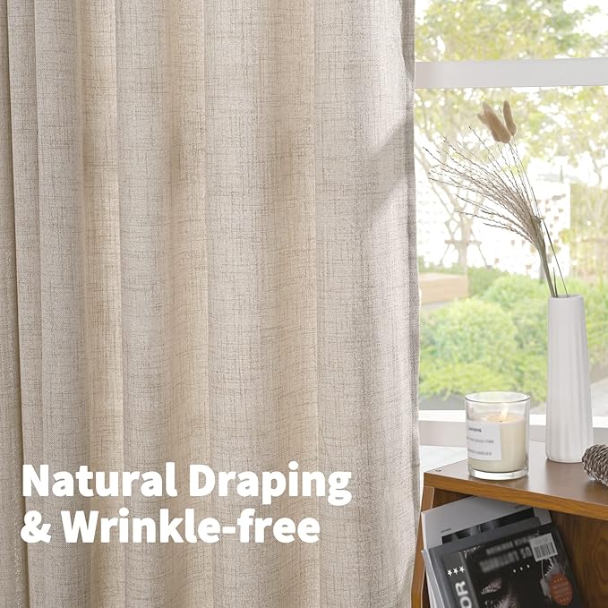 YoungsTex Linen Semi Sheer Curtains 72 Inch Length 2 Panels for Living Room - Light Filtering Drapes with Rod Pocket Back Tab Rustic Beige Window Treatments for Dining Bedroom, 52 X 72 Inch