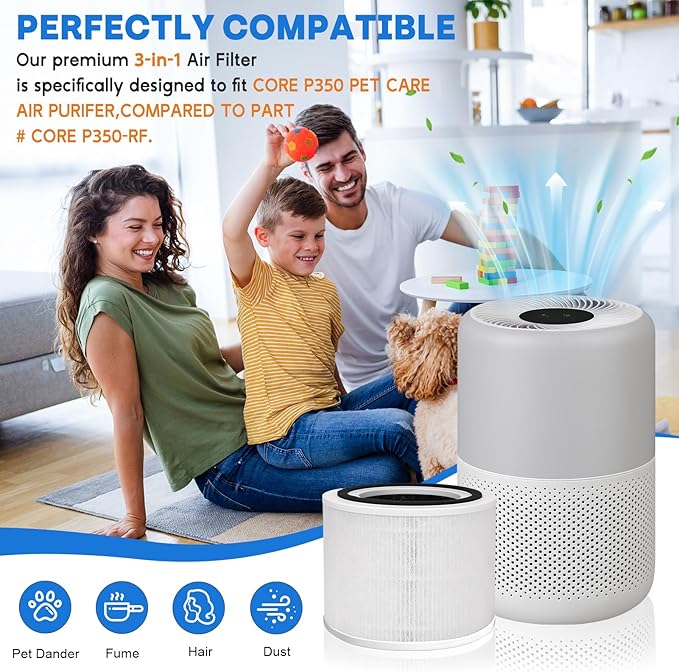 Core P350 Pet Care Air Filter Replacement for Air Purifier, 3-in-1 H13 True Replacement Filter, Activated Carbon Air Purifier Pre-Filter, 2 PC, White