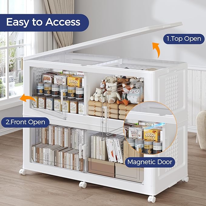 160GAL Extra Large Storage Bins with Lid, 640Qt Stackable Closet Organizers and Drawers, Collapsible Storage Bins with Wheels, Folding Storages Cabinet for Home Bedroom Office, 4Pack White