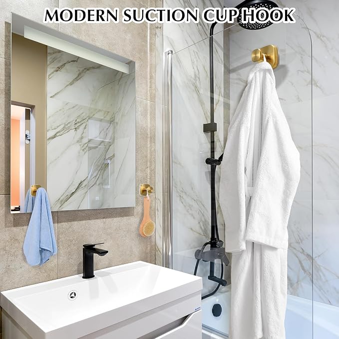 Suction Cup Hooks for Shower - Reusable No-Drill Mounting - Hooks for Towels, Robes & Loofah on Metal, Glass, Mirrors, Tile & Smooth Non-Porous Surfaces (2, Brushed Gold)