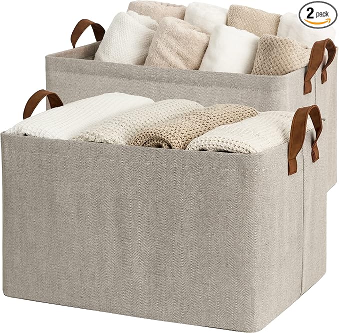 StorageWorks 45L Extra Large Storage Baskets, Storage Bins for Shelves, Closet, Fabric Organizers with Handles and Metal Frame, Brown and Beige, 2-Pack