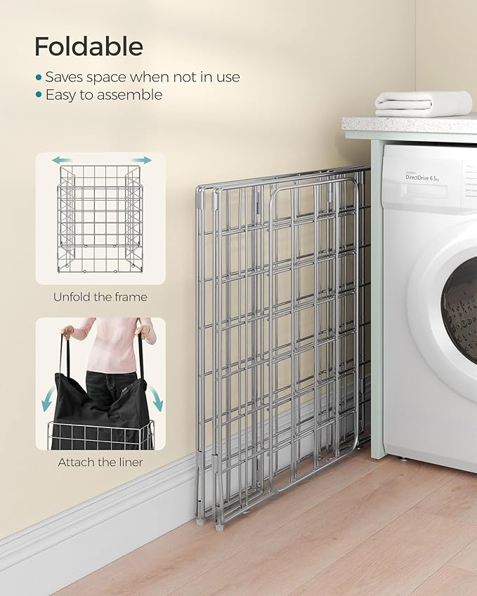 SONGMICS 29 Gal. (110L) Laundry Basket, Laundry Hamper, Collapsible Clothes Hamper, Removable and Washable Liner, Metal Wire Frame, for Bedroom Bathroom, Silver and Classic Black ULCB111B01