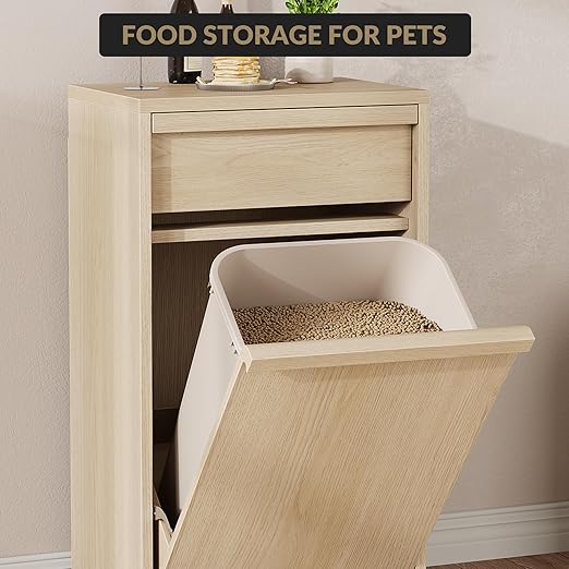 Tilt Out Trash Cabinet, Natural Wood Hidden Garbage Can Cabinet for 10 Gallon Bins, Modern Pet-Proof Trash Cabinets for Kitchen, Dining, Living Room Storage