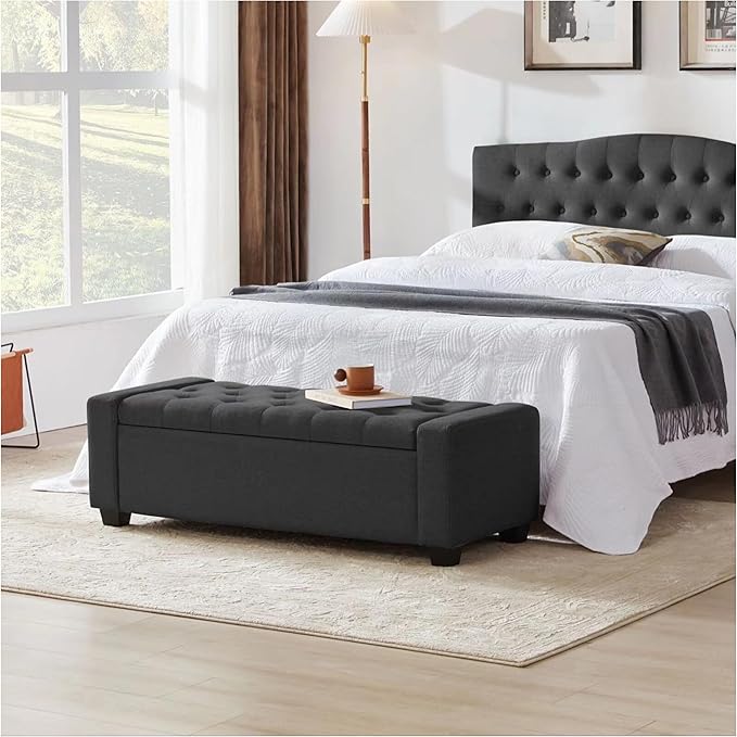 48" Ottoman with Storage, Soft Storage Ottoman Bench for Bedroom, Tufted Upholstered Window Benches, End of Bed Bench for Living Room, Entryway Bench with Seating, Foot Rest, Darkgrey