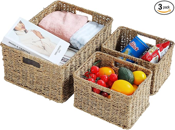 HOONEX Large Wicker Baskets for Storage, Seagrass Baskets with Dual Handles, Woven Baskets for Storage, Set of 3, Natural