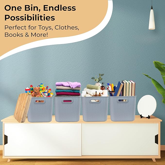 Storage Bins with Bamboo Lid – Stackable, Multi-Purpose Organizers for Pantry, Closet, Kitchen, and Home – Elegant Wicker-Style Design with Ergonomic Handles (Grey)