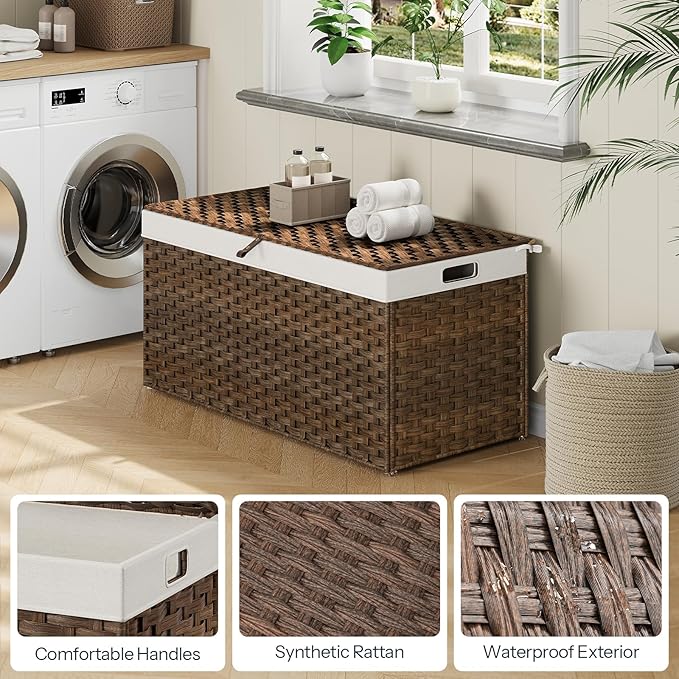 HOOBRO Storage Basket with Lid, 52.8 Gallon (200L) Wicker Basket, Handwoven Blanket Storage Basket with Handles, Metal Frame and Soft Lining, Foldable for Bedroom, Laundry Room, Brown BR220CW01