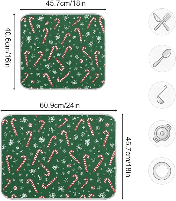 Christmas Candy Cane Dish Drying Mat for Kitchen Countertop 18x24 Winter Snowflake Green Xmas Large Drying Mat Reusable Quick Dry Dish Sink Mats Easy Clean Decorative Essentials
