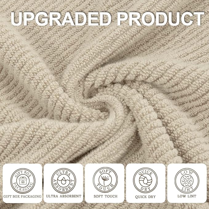 VOOVA & MOVAS Beige Towels for Bathroom - 100% Cotton | Quick Dry | Soft | Thick, 3 Piece Towel Set, 1 Large Bath 30" x 56", 1 Hand 18" x 28",1 Wash Cloth 13" x 13", Bathroom Essentials, Light Tan