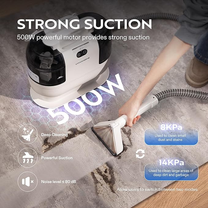VIVOHOME Portable Multipurpose Carpet Cleaner Machine, 15s Fast Heating Spot Cleaner for Upholstery, 4 Detachable Brush Heads for Pets, Couch, Car Seats, Self-Cleaning, 14Kpa Strong Suction