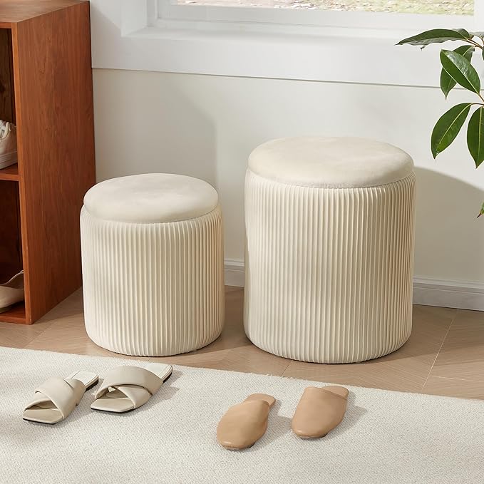 Round Ottoman with Storage Set of 2,Vanity Stool with Storage for Bedroom, Ottoman Coffee Table,Small Velvet Foot Stool for Living Room, Beige
