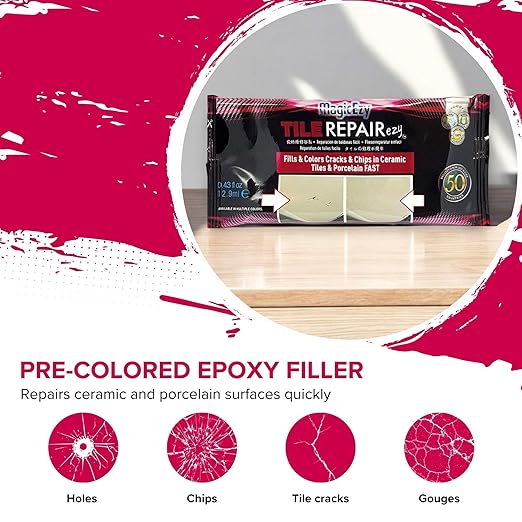 MagicEzy Tile RepairEzy Tile Repair Kit (Honey Beige/White) - Crack and Chip Repair for Floor and Wall Tiles Fast - Porcelain and Ceramic Tile Repair Kit