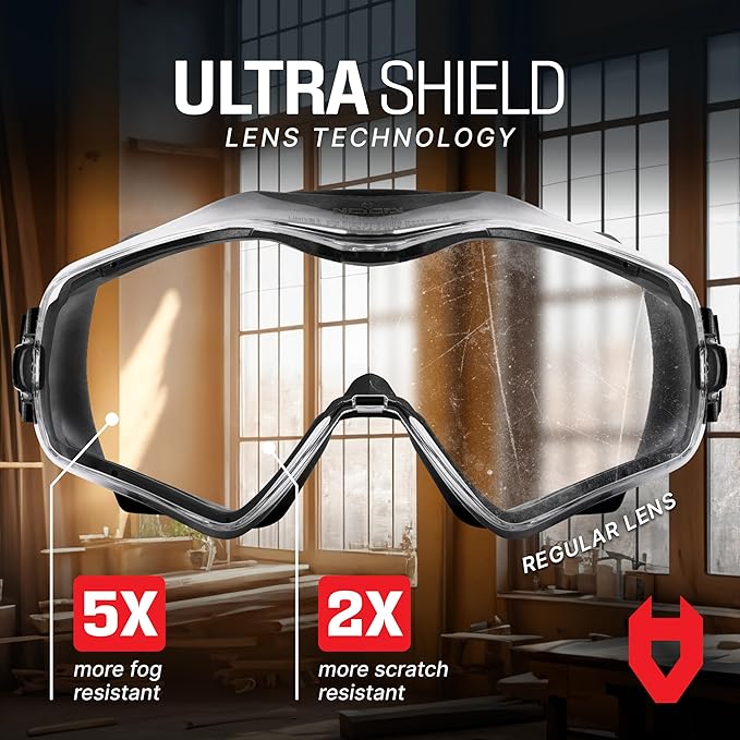 NoCry Safety Goggles Over Glasses with Extreme Impact Resistance — ANSI Z87.1 Certified Eye Protection with Anti-Fog, Anti-Scratch and UV380 Lenses — Adjustable Strap — Ideal for the Chemistry Lab