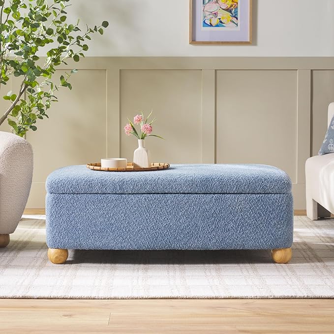Walker Edison Linley Contemporary Large Storage Bouclé Ottoman with Wood Legs, Soft Blue