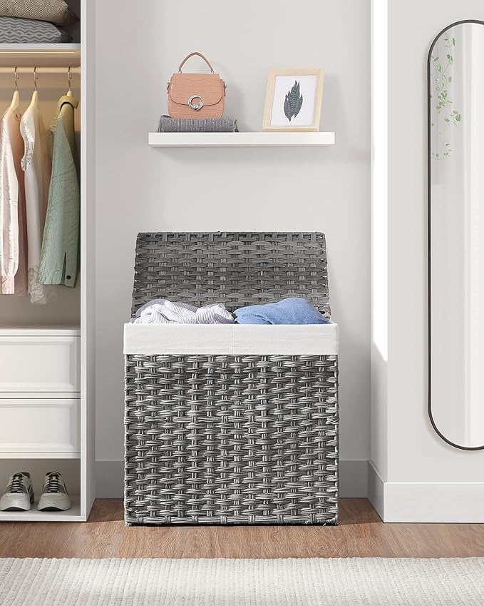 SONGMICS 130L Clothes Hamper with Lid, 2 Removable Liner Bags, 6 Mesh Bags, Wicker, Double Laundry Basket for Bathroom, 13 x 26 x 23.6 Inches, Gray ULCB253G01