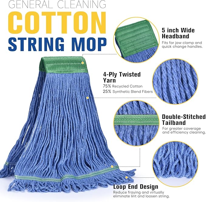 Matthew Cleaning Commercial Mop Head Replacement, 5 Inch Wide Headband, Looped End Cotton Blend String Wet Mops for Floor Cleaning, 28 oz Extra Large, 3-Pack Blue