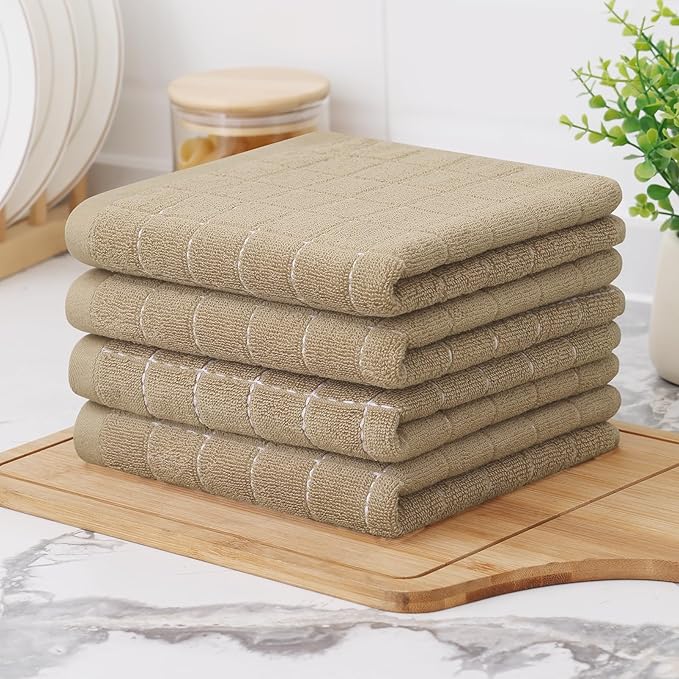 Homaxy 100% Cotton Terry Kitchen Towels(Tan, 13 x 28 inches), Checkered Designed, Soft and Super Absorbent Dish Towels, 8 Pack