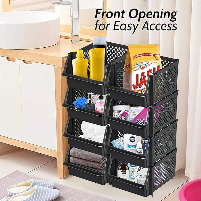 Skywin TidyFriend Stackable Storage Bins for Pantry Organizers and Storage 12 Pack, Pantry Storage for Food, Kitchen and Home Organization (Black)