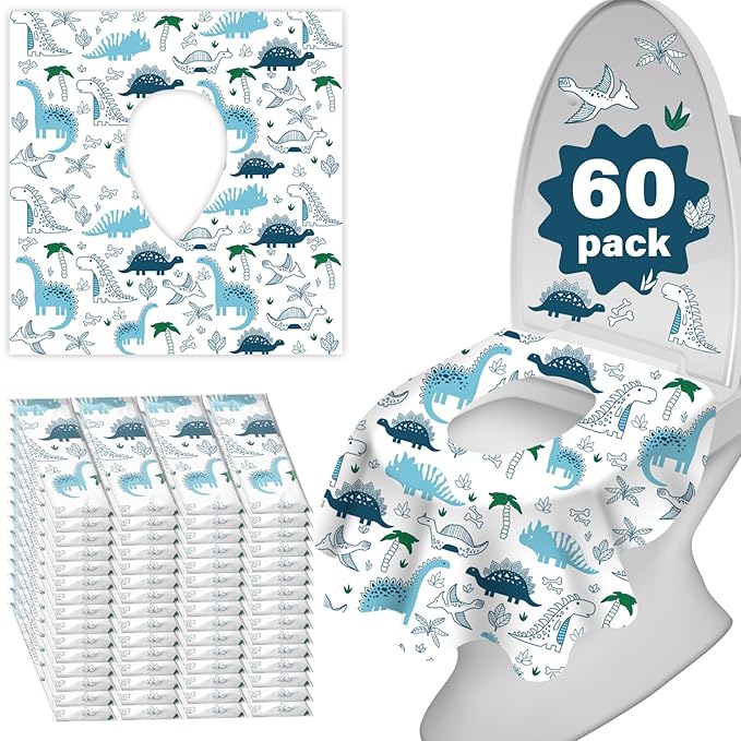 60 Pack Toilet Seat Covers Disposable, Extra Large Waterproof Toilet Cover for Toddlers & Adults, Individually Wrapped Travel Essential Portable Potty Training in Public Restrooms, Trip - Dinosaur