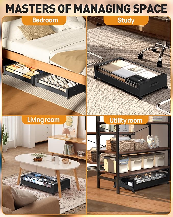 Under Bed Storage, Underbed Storage With Wheels, Under The Bed Storage for Clothes, Blankets, Shoes... (Black, 1 Pack)
