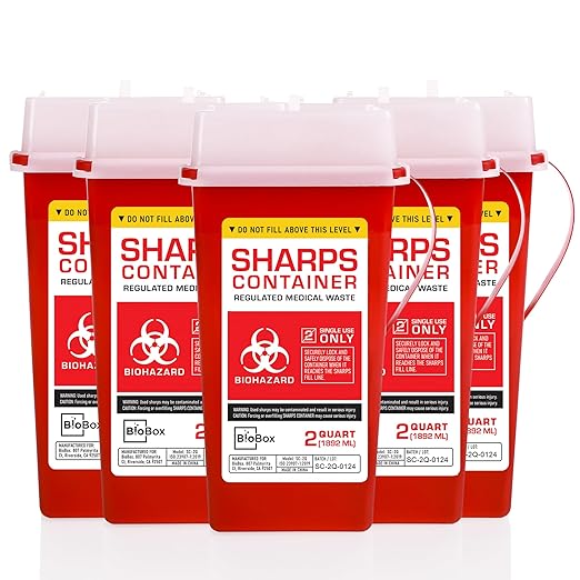 Sharps Container Large - Sharps Containers for Home Use and Labs - Portable Needle Disposal and Travel Size Biohazard Bin - 2 Quart (Pack of 5)