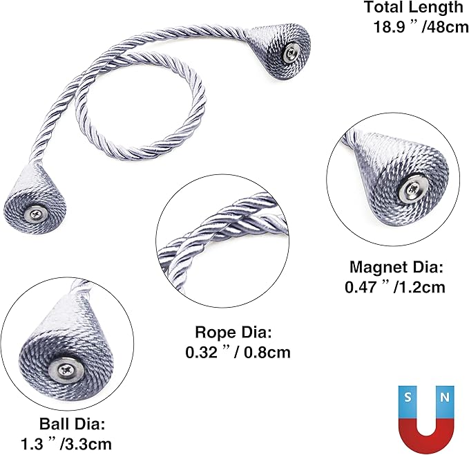 2 Pack Magnetic Curtain Tiebacks Rope Modern Handmade Curtain Tie Backs Decorative Drapes Weave Holdbacks for Window Décor, Grey