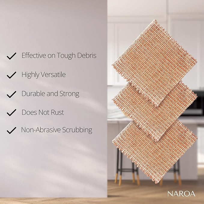 Naroa Copper Scrubbing Pads 3 Pack | 2-Ply Non-Abrasive Metal Mesh Scrubber | Reusable Copper Cleaning Cloth for Stainless Steel, Pots, Pans, Cast Iron | Kitchen Supplies Dishwashing Tools