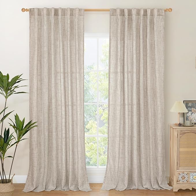 YoungsTex 84 Inch Length Linen Curtains for Living Room 2 Panels - Semi Sheer Drapes with Rod Pocket Back Tab Light Filtering Window Treatments for Bedroom Dining, Natural, 52 X 84 Inch