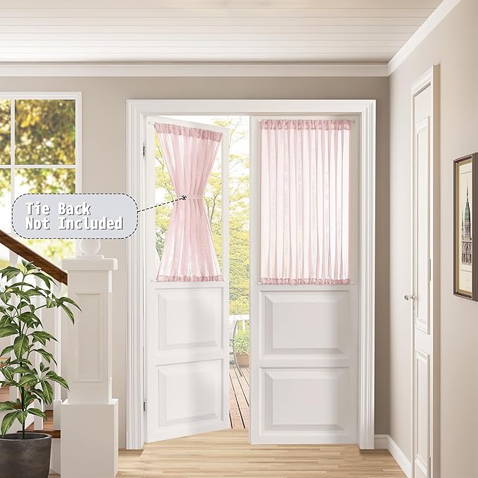Tollpiz Small Sheer Linen Textured Curtain Sheers Doorway Light Filtering Voile French Door Rod Pocket Curtains, 25 x 40 inches Long, Pink, Set of 1 Panel