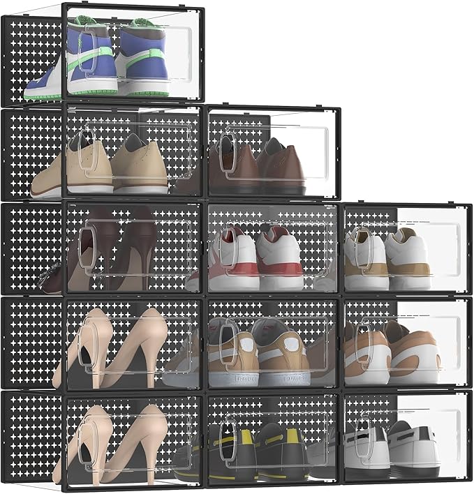 12 Pack Large Modular Clear Plastic Stackable Shoe Storage Organizer for Closet, Space Saving Versatile Sneaker Shoe Rack Containers Bins Holders, Portable Closet Organizers and Storage, Black