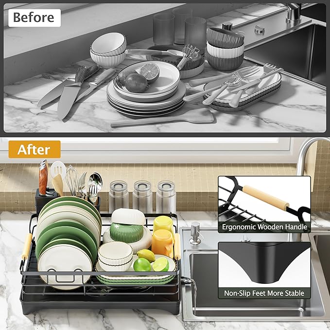 Epicano Dish Drying Rack for Kitchen Counter,Space-Saving Dish Rack,Rustproof Dish Drainer with Utensil Holder and Knife Slots for Sink,Kitchen Drying Rack with Wooden Handle and Cup Holder, Black