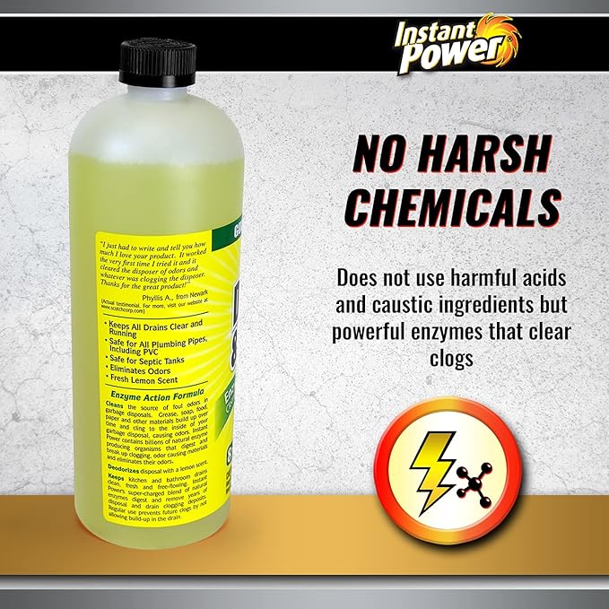 Instant Power Disposal and Drain Cleaner – Liquid Enzyme Clog Remover, Cleans and Deodorizes, Removes Drain Blockages, Fresh Lemon Scent, 33.8 Fl oz, 1 Liter