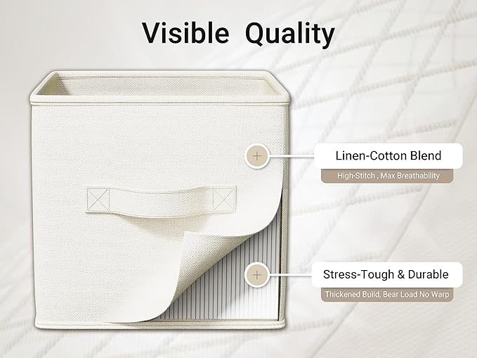 4 Pack Foldable Fabric Closet Storage Bins, 11Inch Organizer Cubes with Handles, Linen Storage Boxes for Clothes, Toys, Books and Home Organization, White& Ivory