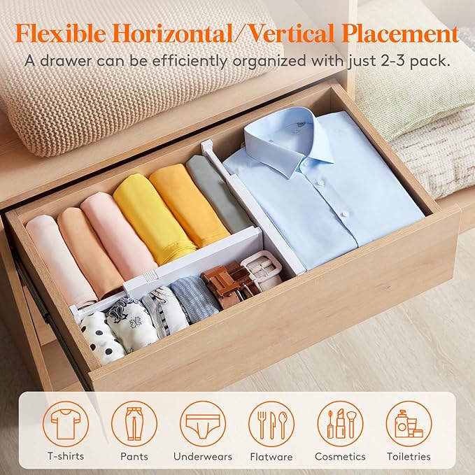 Lifewit 8 Pack Drawer Dividers 4" High,11-17" Adjustable Dresser Drawer Organizers for Clothes, Expandable Dresser Separators in Bedroom/Bathroom/Kitchen/Vanity/Office Organization and Storage, White